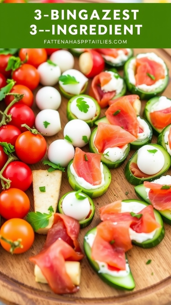 A selection of easy 3-ingredient appetizers featuring colorful skewers, salami bites, and cucumber slices on a wooden platter.